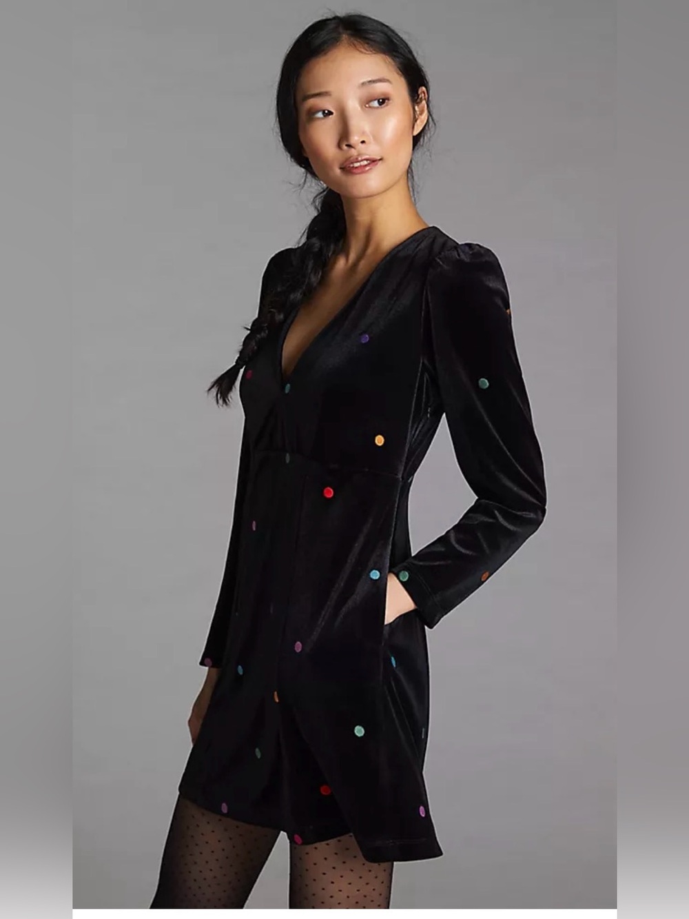 Anthropologie Farm Rio Black Velvet Puff Sleeve Embroidered Mini Dress Size XL